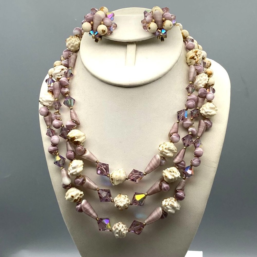 Vintage Fabiola Purple Parure, Triple Strand Beaded Choker and Matching Clip On